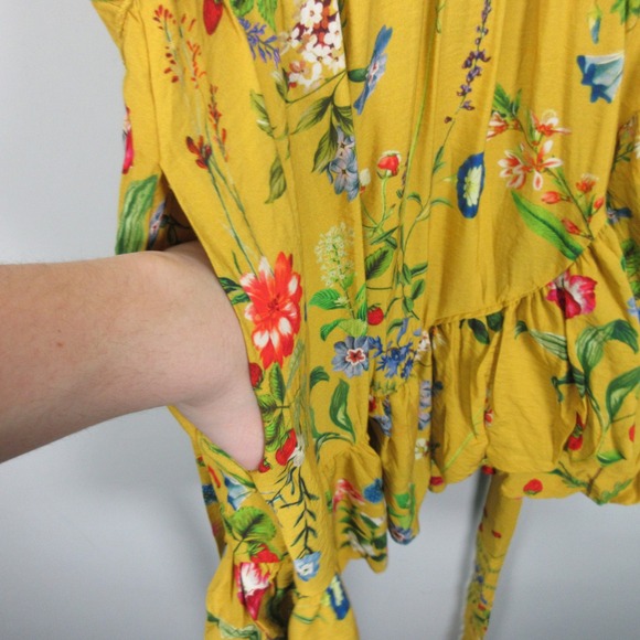 Maeve Anthropologie Yellow Floral Ruffle Wrap Mini Dress Women's Medium Boho M - Picture 6 of 15